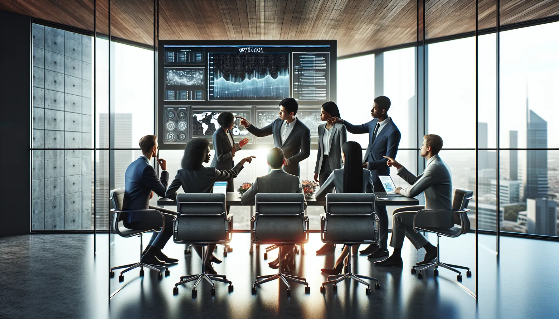 diverse team discussing technology in a modern office.