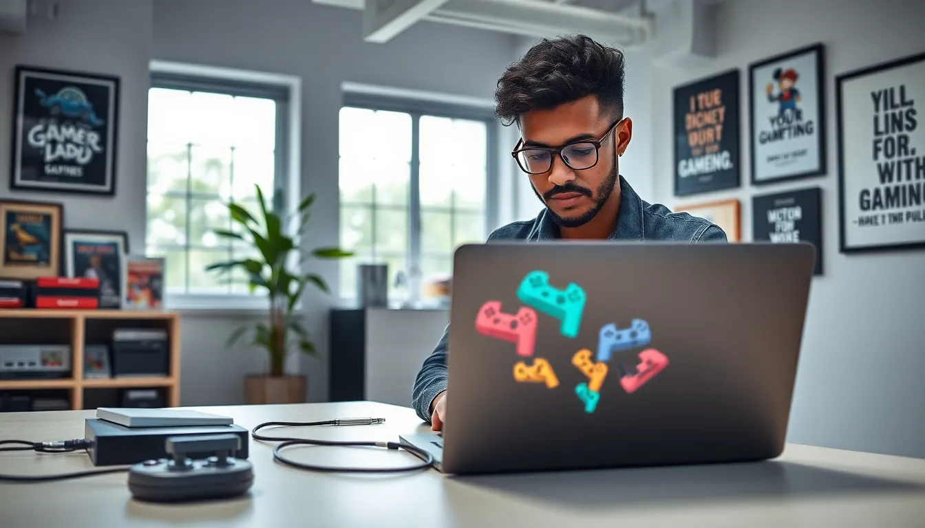 gamer in a creative workspace with gaming memorabilia.