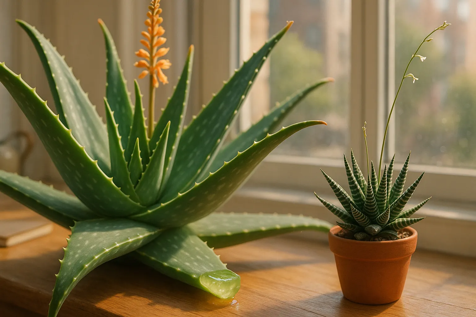 Side-by-side Aloe vera and Haworthia on a sunlit windowsill showing contrasting leaves.