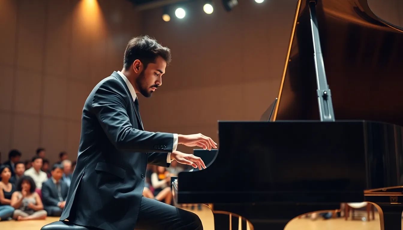 A pianist performing at a grand piano in a modern concert hall.