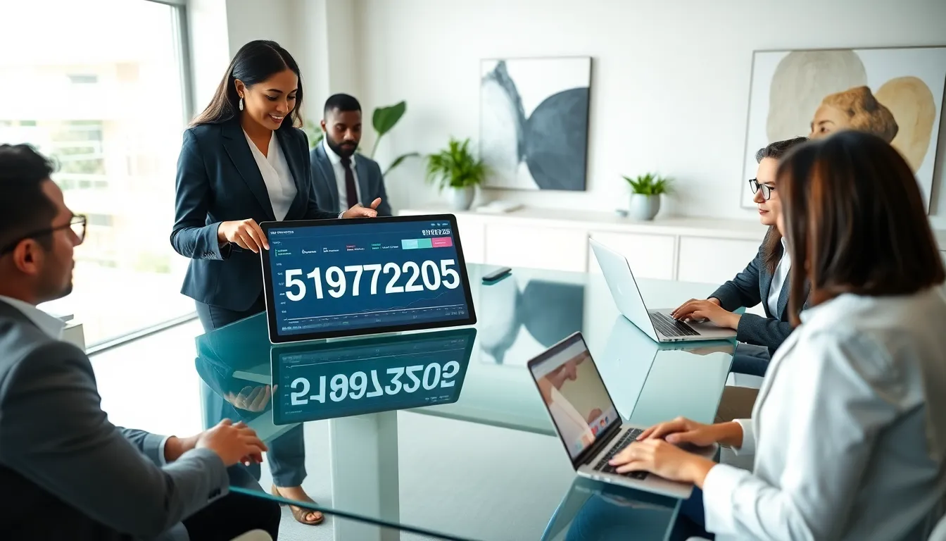 diverse team discussing data in a modern office.