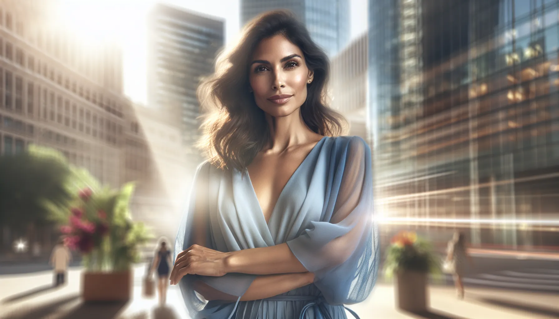 woman in a blue dress representing empowerment in a city setting.
