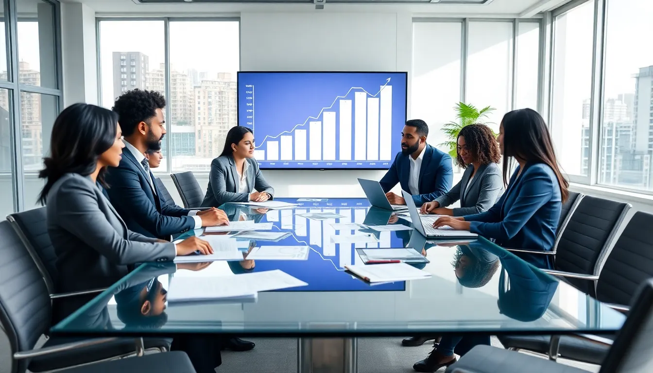 diverse professionals discussing long-term investing in a modern office.
