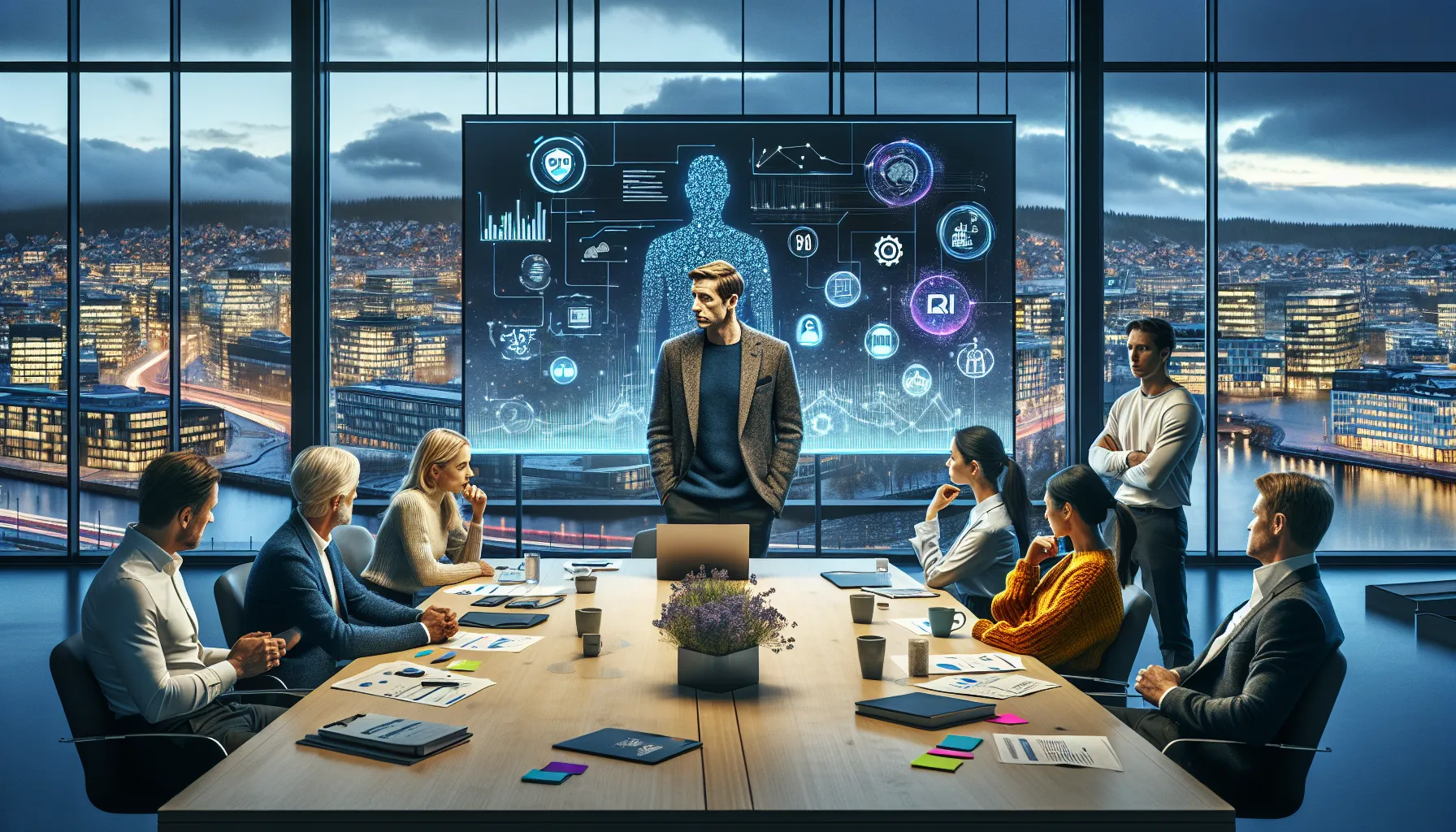 Norwegian office meeting discussing ethical ai automation, workers’ rights, and data privacy.