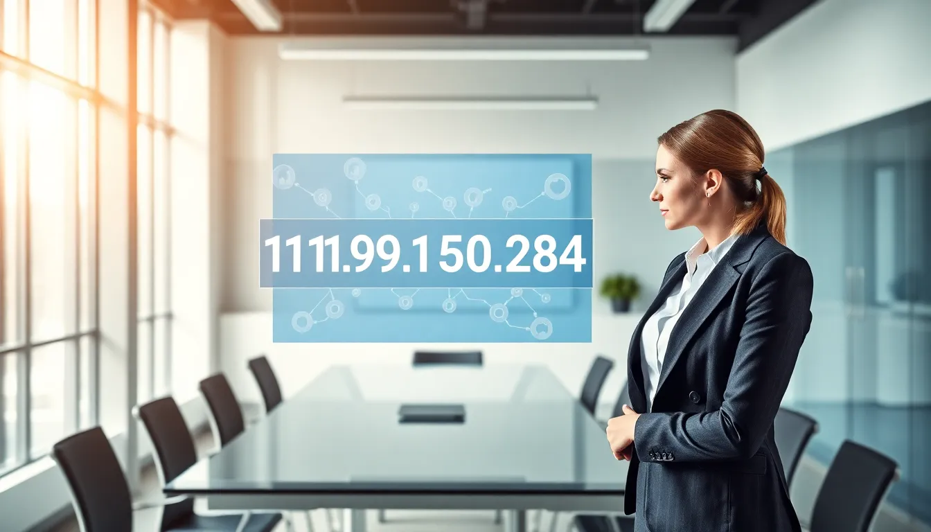 professional analyzing a digital representation of an IP address in an office.