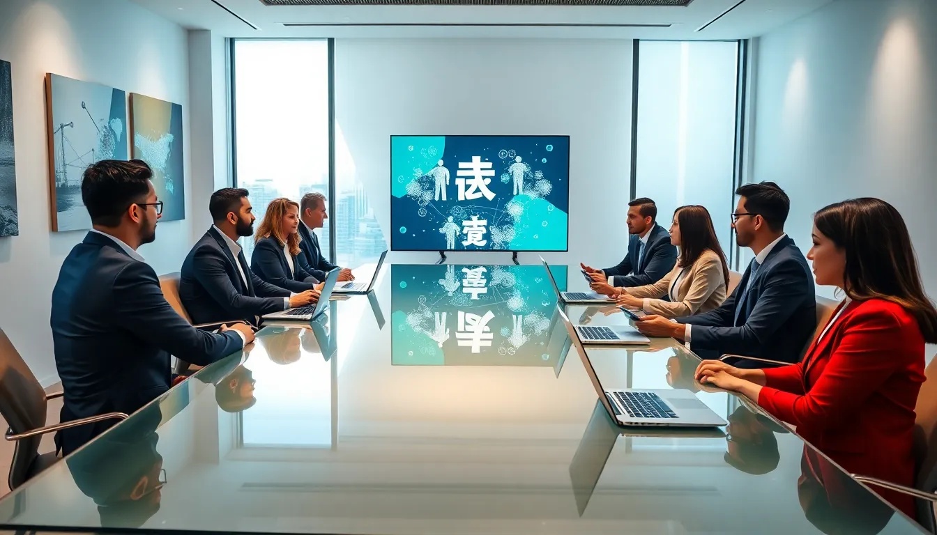 diverse professionals discussing in a modern meeting room.