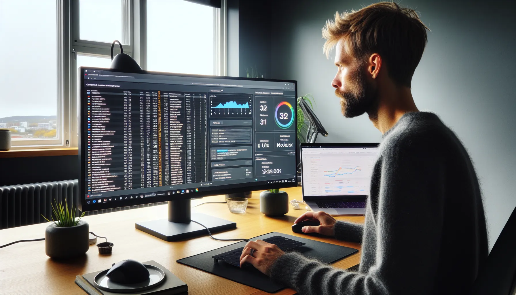 Norwegian seo specialist reviewing a website crawl and technical seo dashboards.