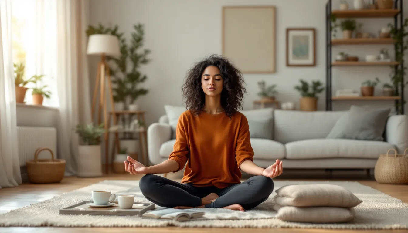 Woman practicing alternate nostril breathing on a blanket in a warm, sunlit room.