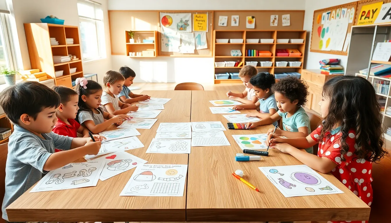 children engaged in arts and crafts using printable worksheets.