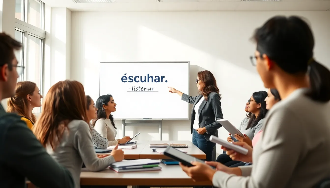 classroom with diverse students learning the verb 'escuchar'.