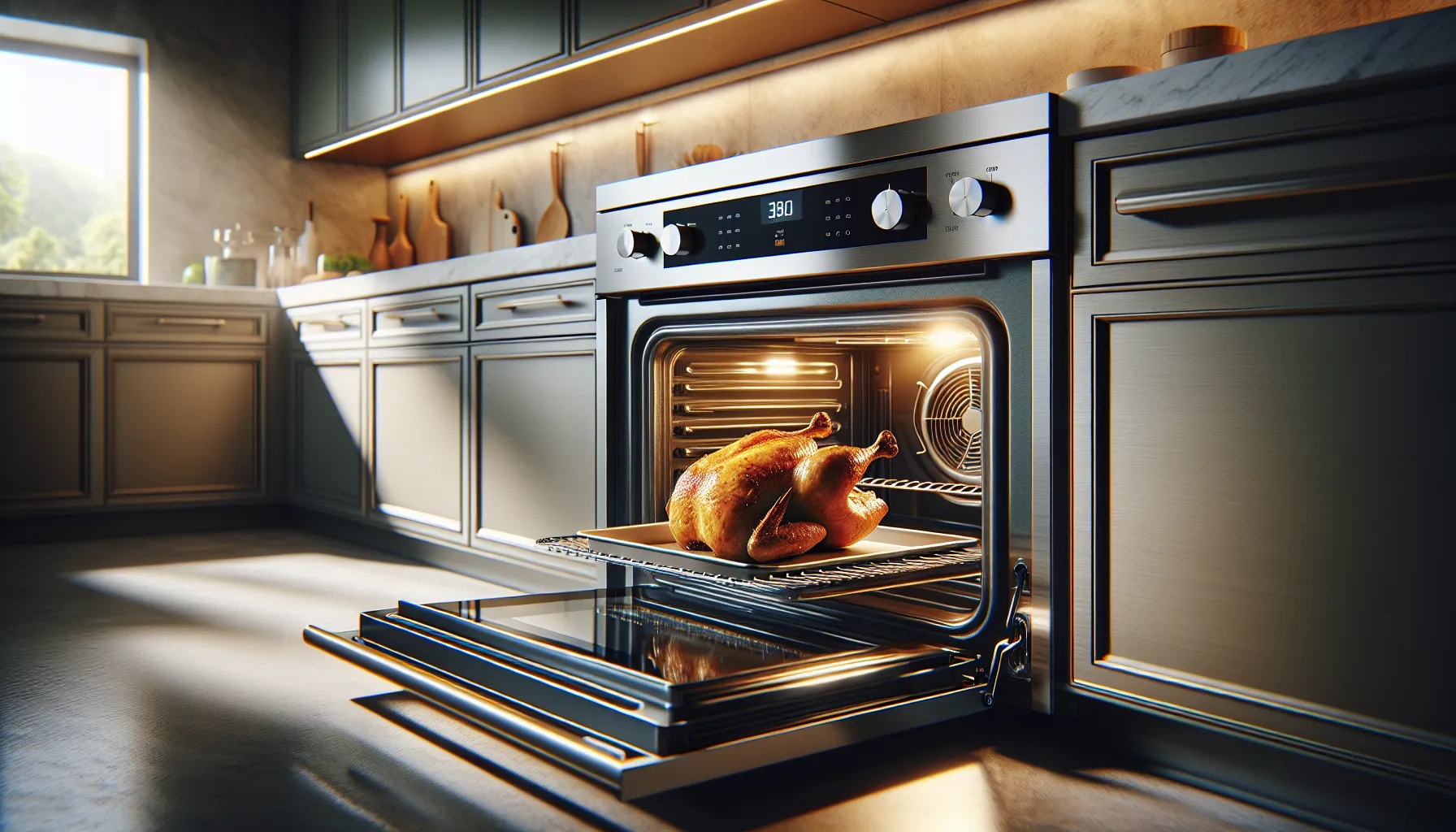 A convection oven in use with a roast cooking inside.