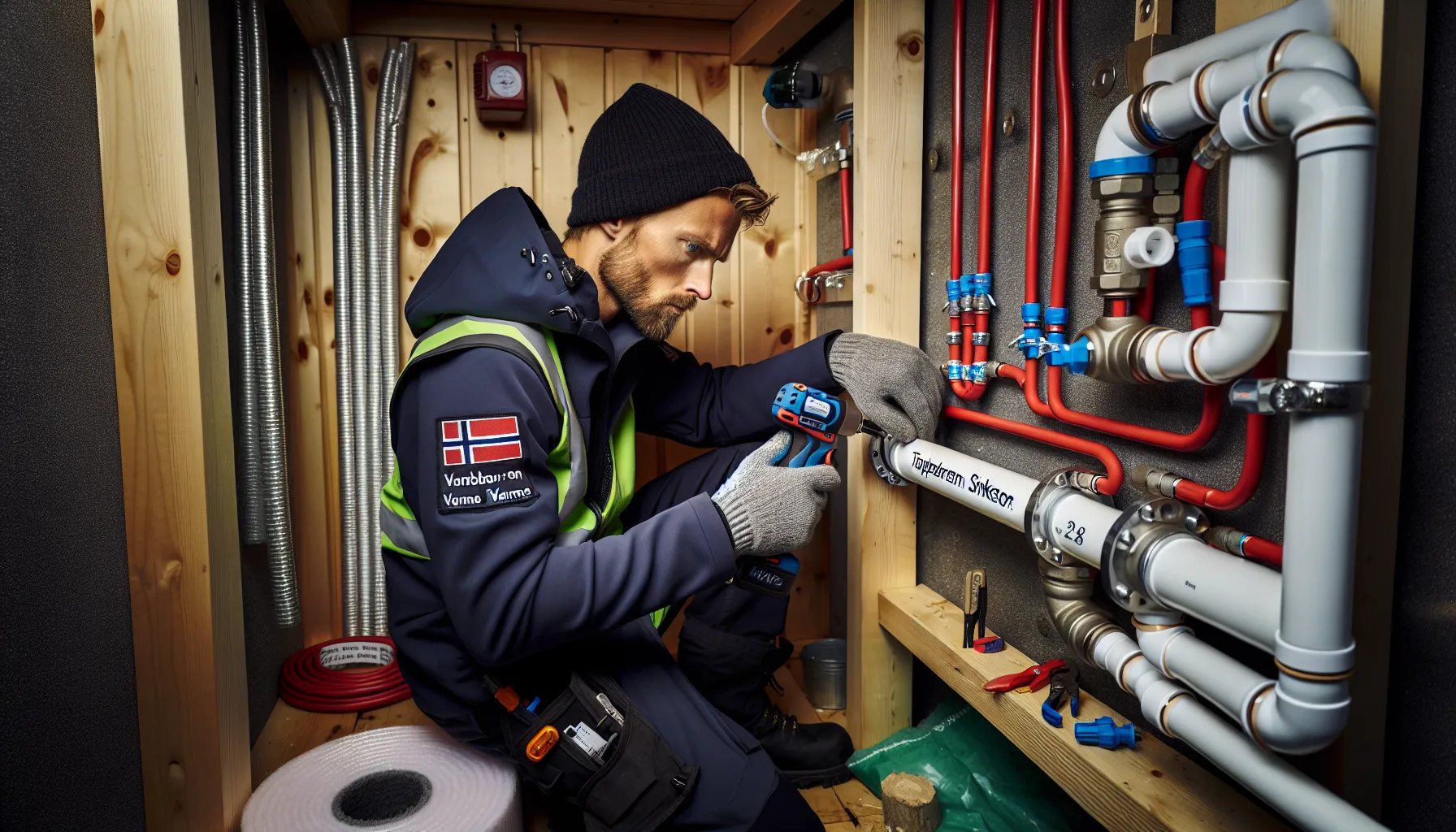 Plumber presses pex fitting indoors as crew fuses hdpe pipe outside in snow.