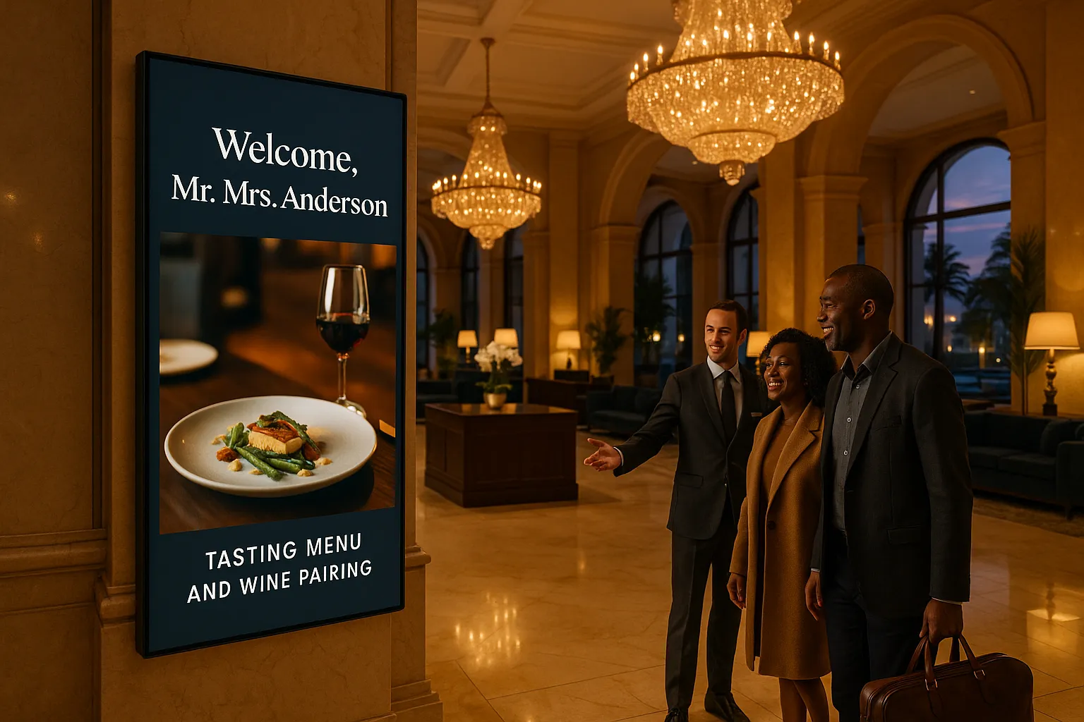 Luxury hotel lobby with a personalized digital welcome screen greeting arriving guests.