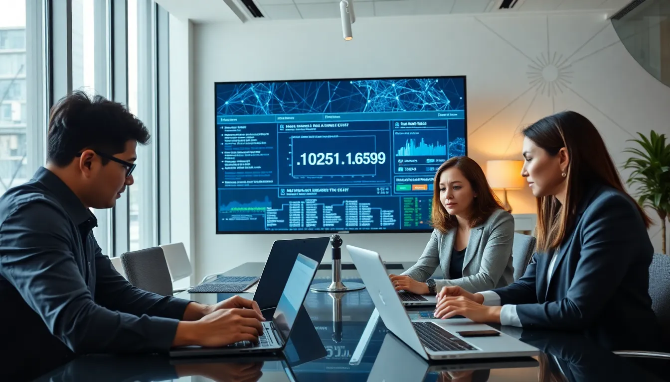 diverse team discussing technology in a modern office.