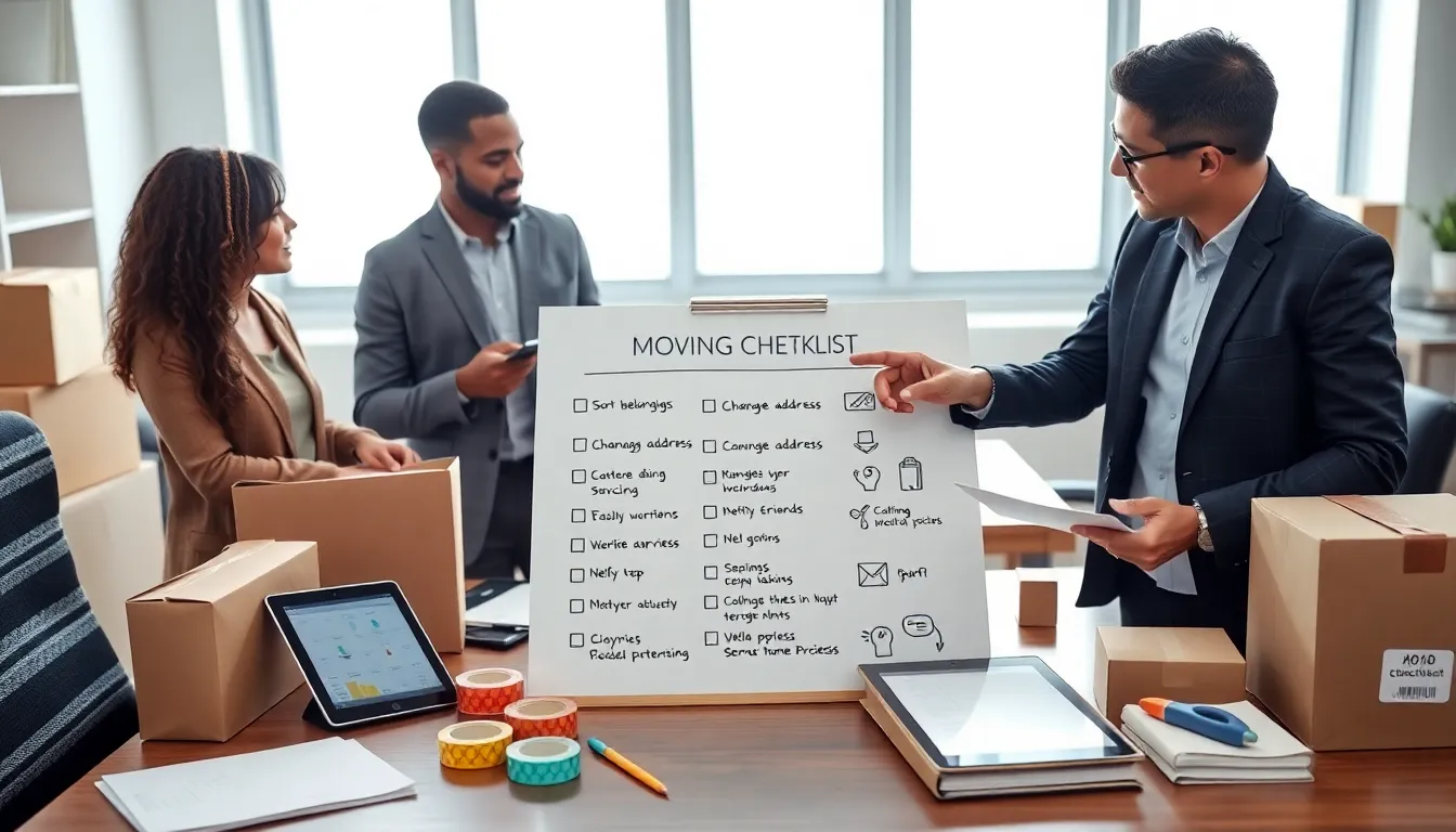 Professionals discussing a moving checklist in a modern office.