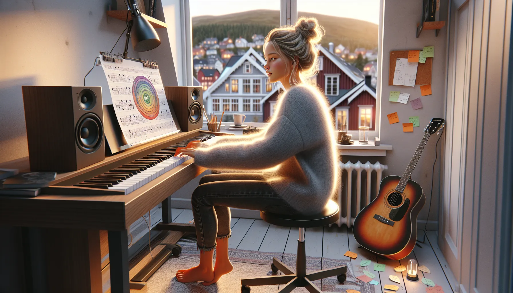 Young norwegian songwriter using music theory notes while composing in a cozy studio.