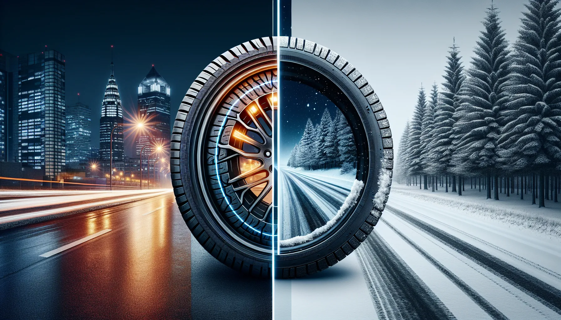 Comparison of all-season and all-weather tires on a road.