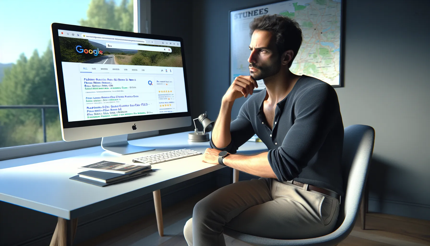 Concerned Stains business owner studying Google local search results on his computer.