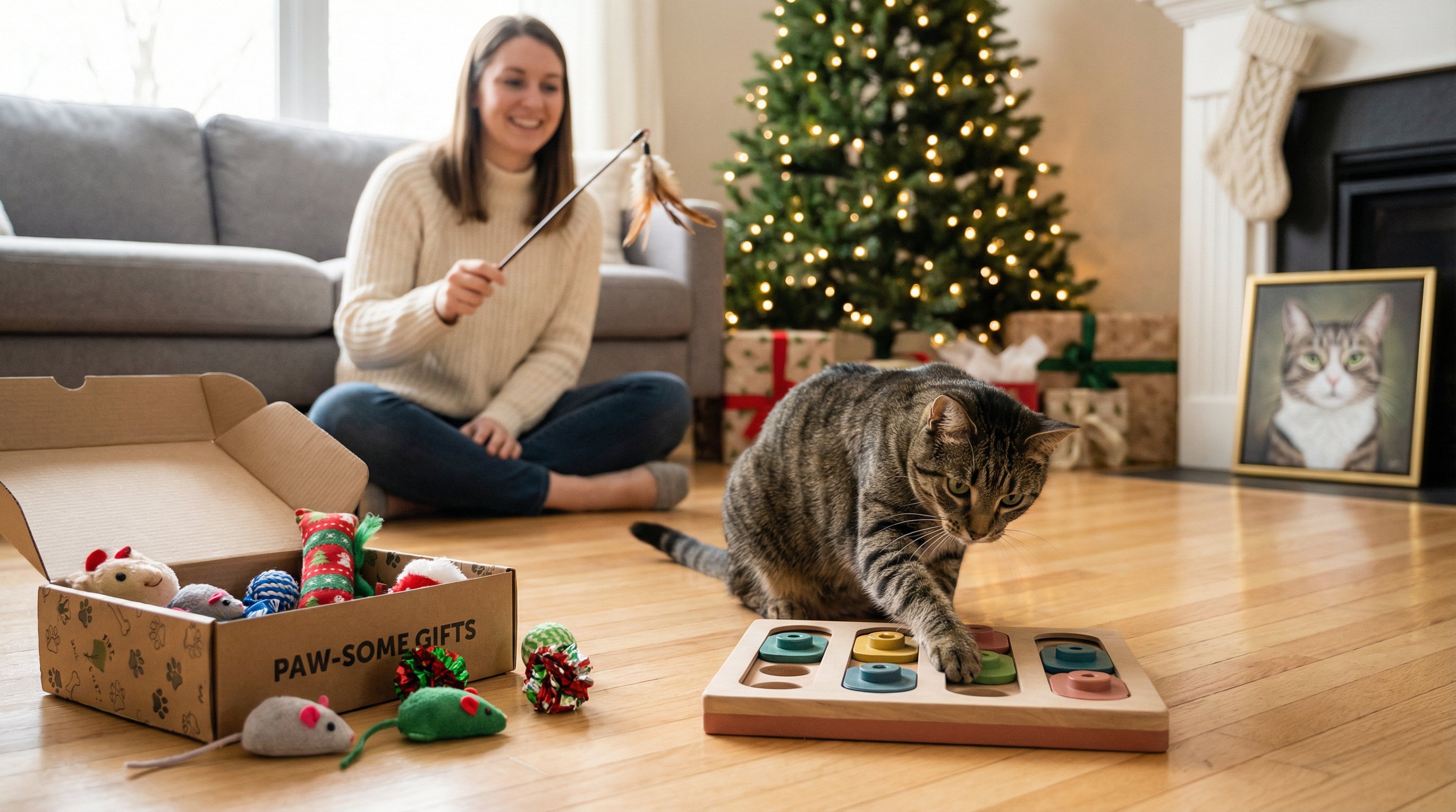 A tabby cat playing with a puzzle feeder near a Christmas tree in a cozy living room.