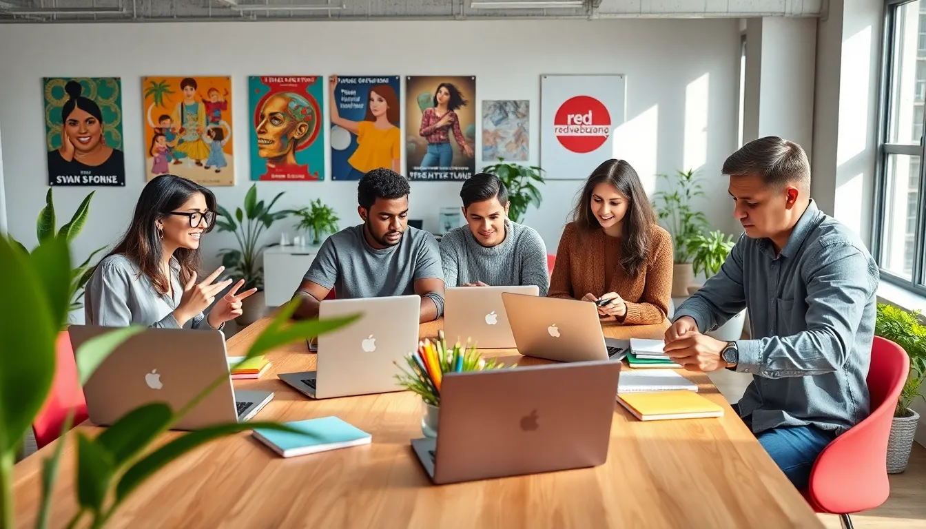 A diverse team collaborating in a bright office space promoting Redwebzine.org.