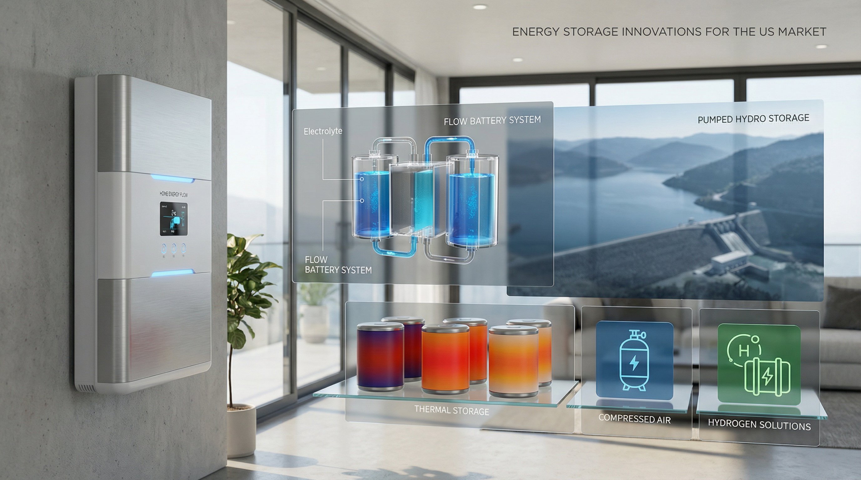 Modern energy storage systems including lithium-ion batteries and flow battery technology in professional setting.