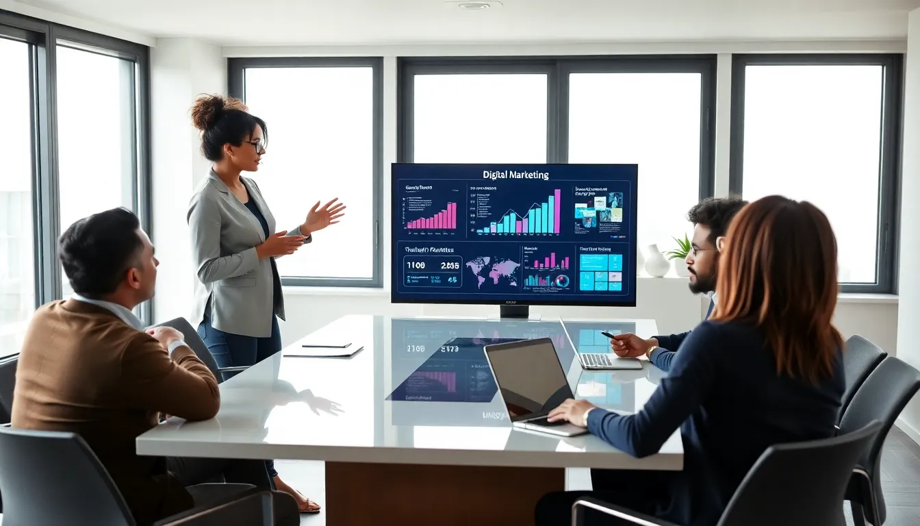 diverse team collaborating on digital marketing strategies in a modern office.