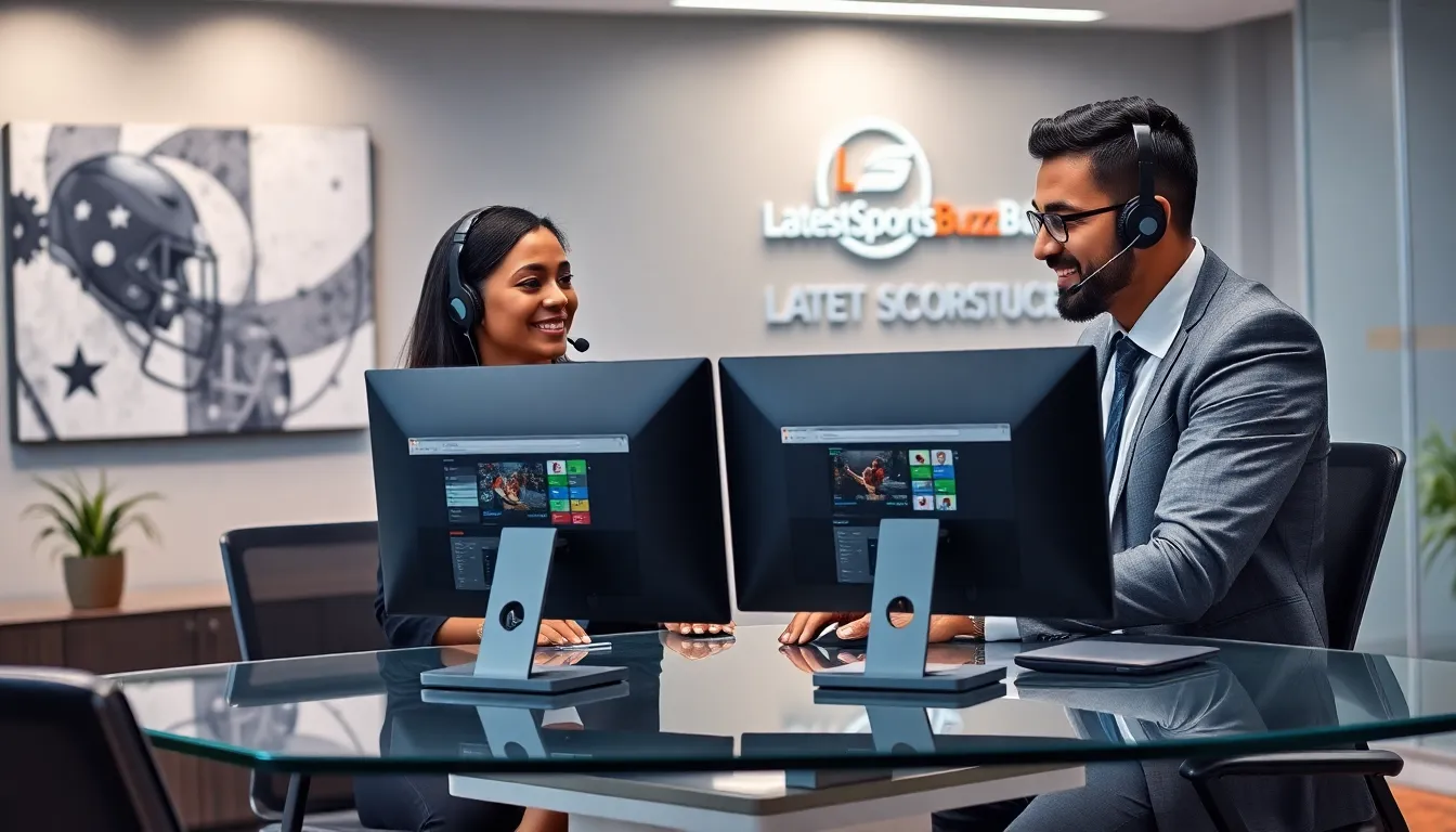 Diverse customer support team assisting clients in a modern office.