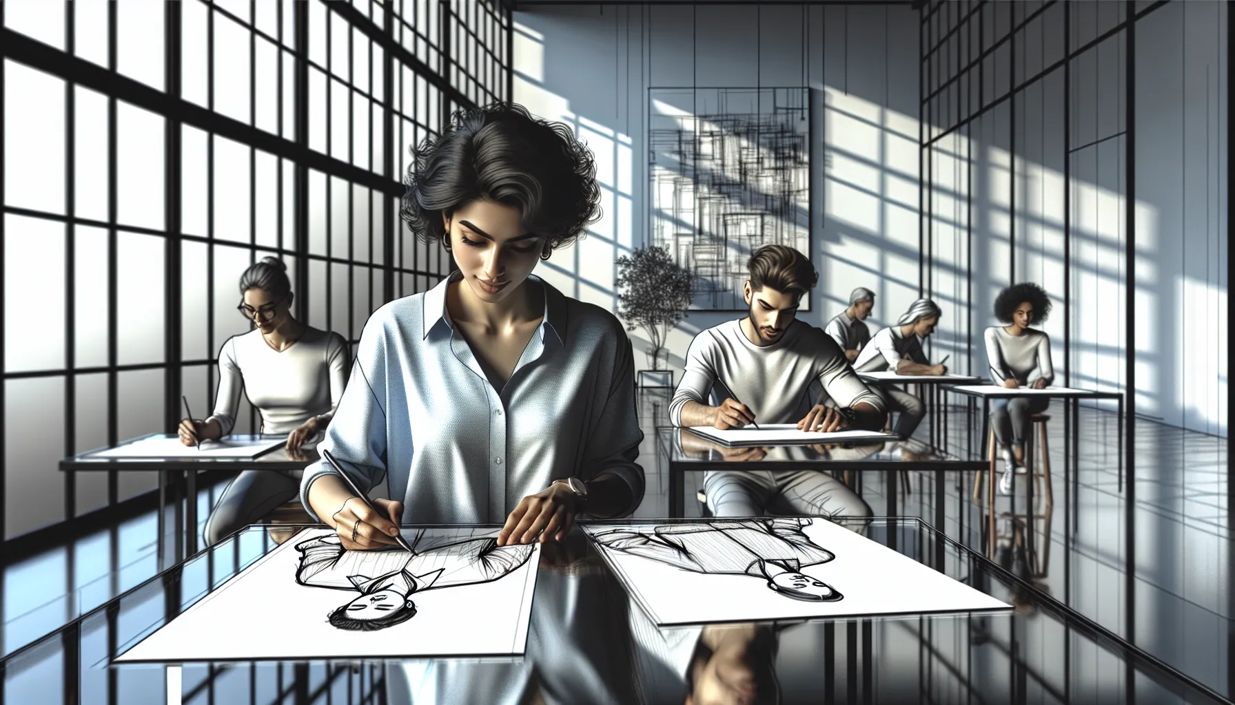 diverse artists practicing outline drawing in a modern studio.