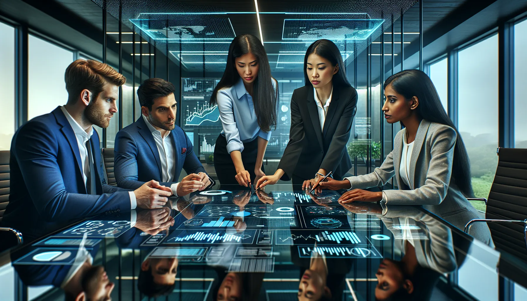 diverse finance team discussing big data trends in a modern office.