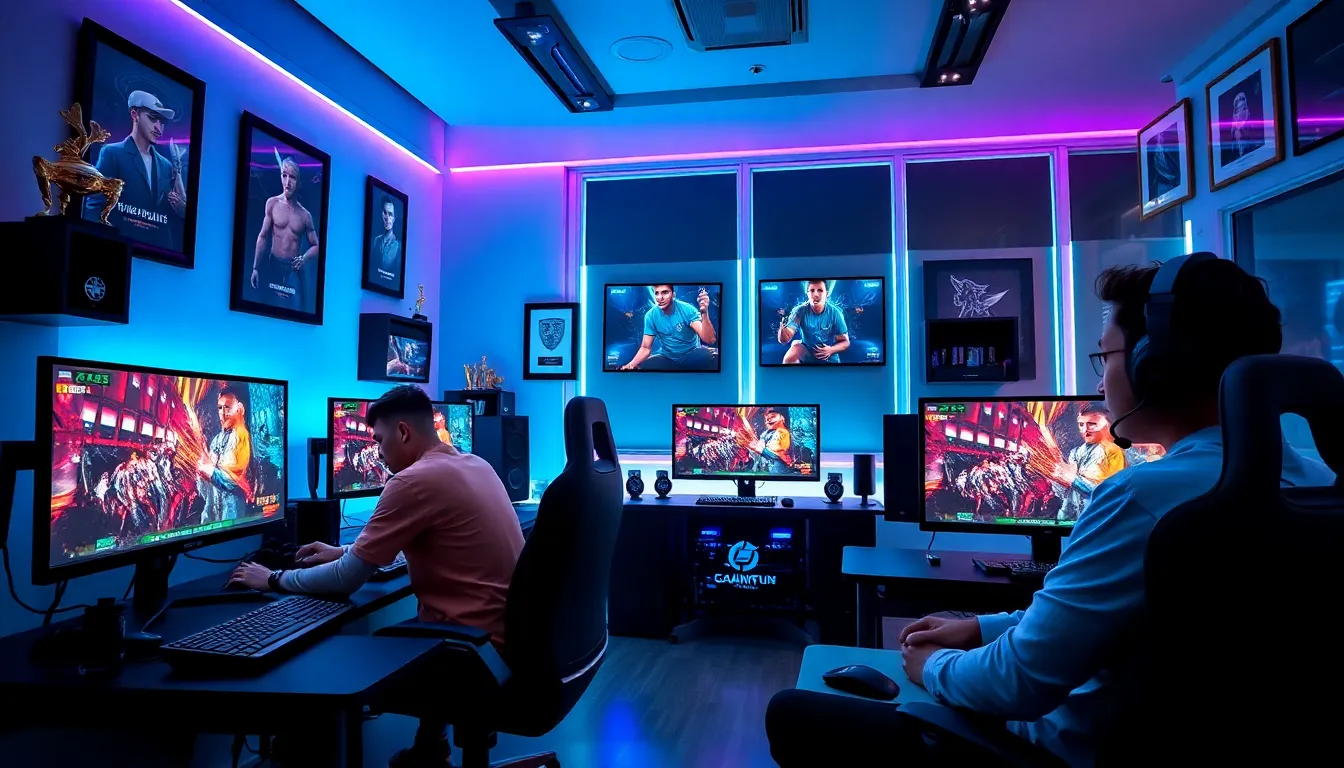 diverse gamers in a modern studio focused on gaming competition.