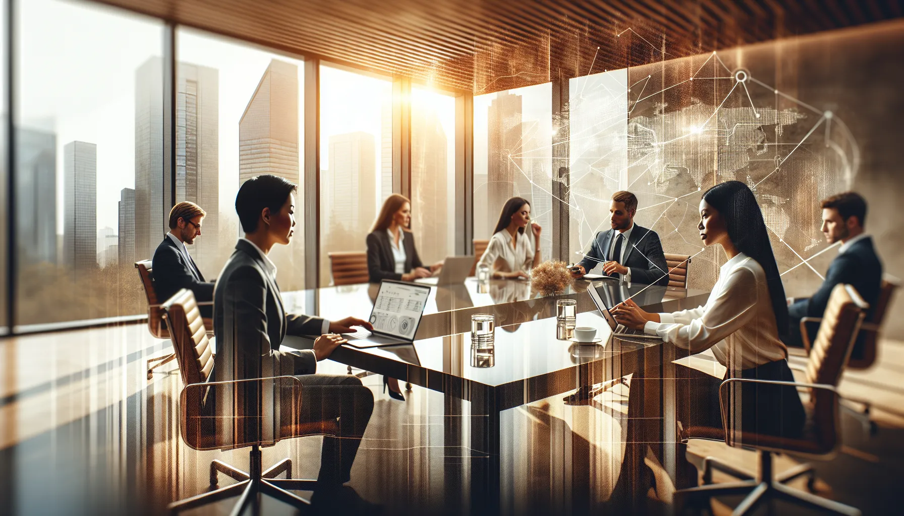 professionals discussing telecommunications in a modern office.