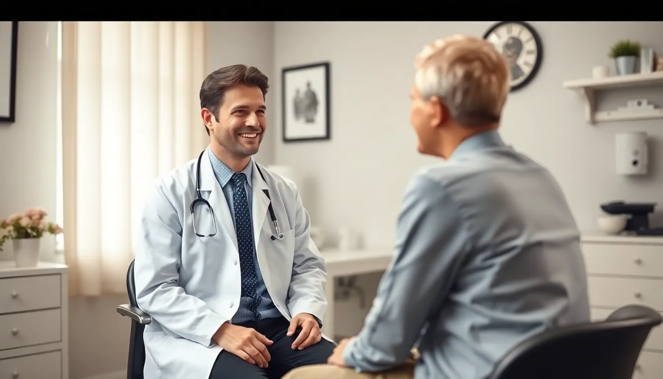 A doctor and patient sit together in a consultation room, engaged in a relaxed, focused conversation. Their body language and expressions show familiarity and trust, demonstrating how continuity of care is possible in Direct Primary Care.