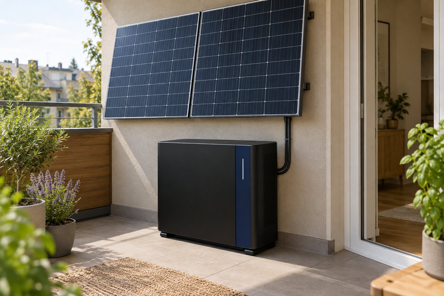 Batteriespeicher neben Solarmodulen an einem Wohnungsbalkon