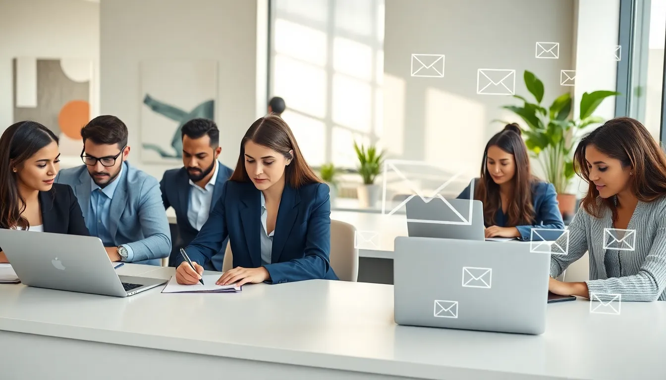 diverse team in a modern office discussing email communication.
