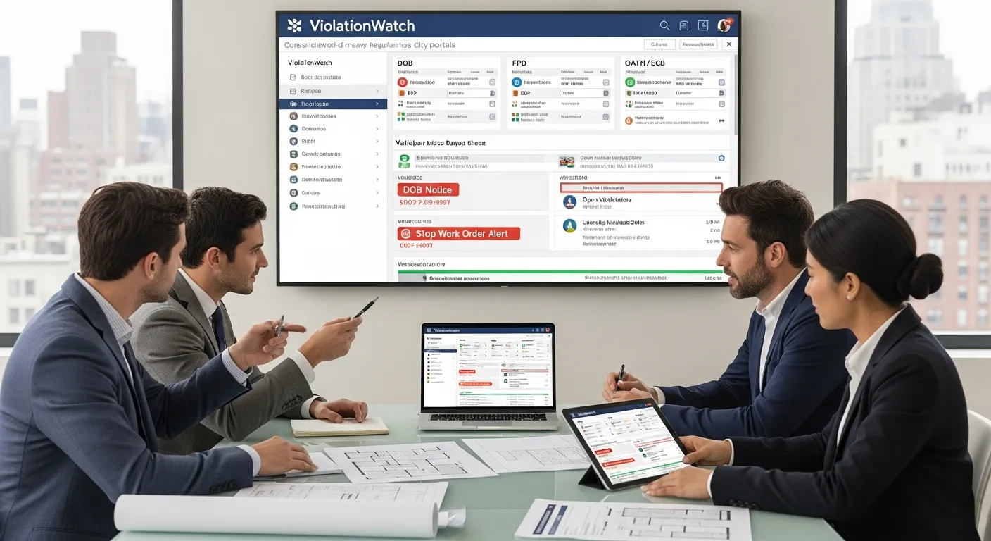Architects and an expediter review ViolationWatch compliance dashboard in a modern NYC office.