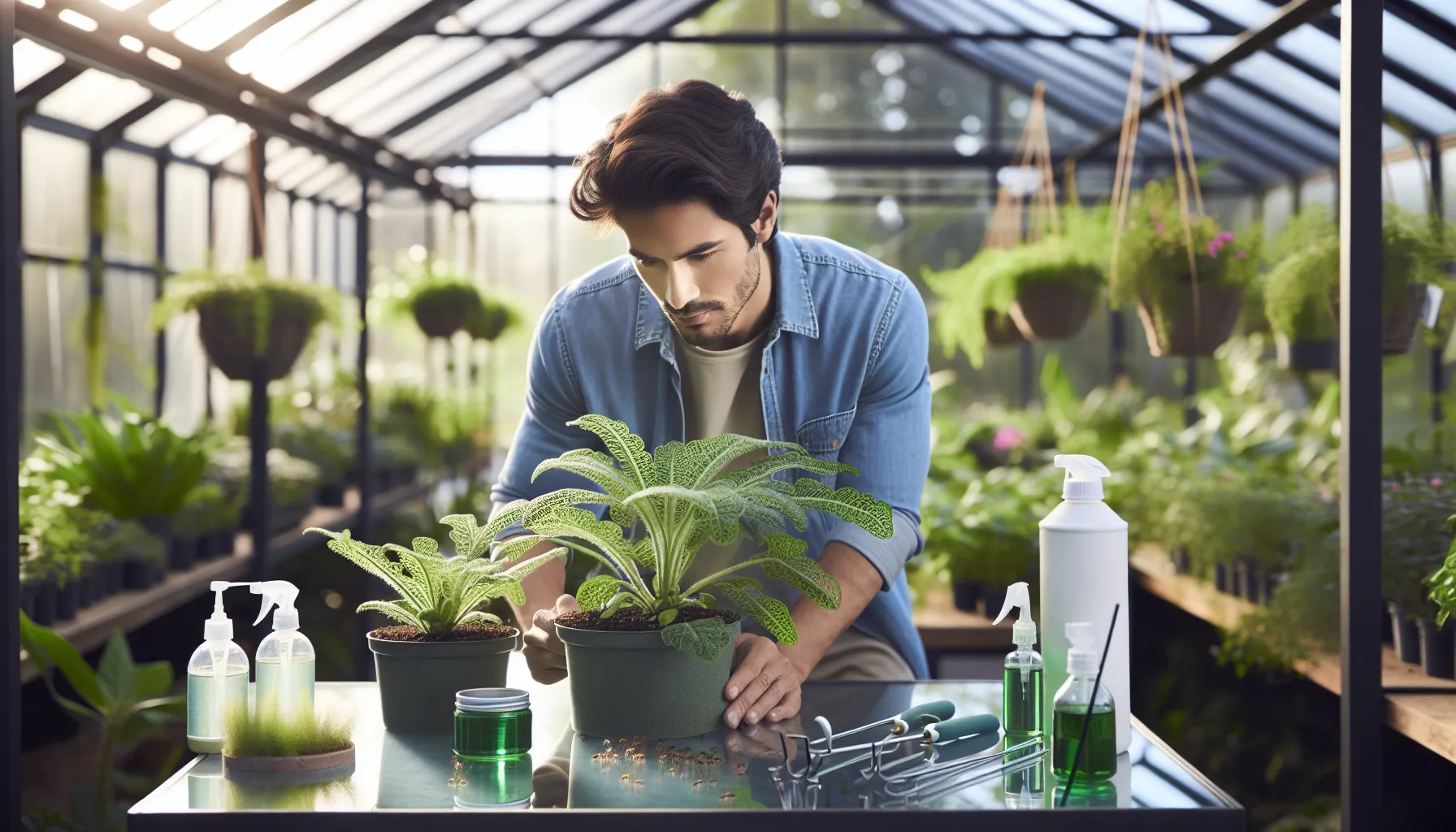 gardener inspecting Lavescora plants for pests in a bright greenhouse.