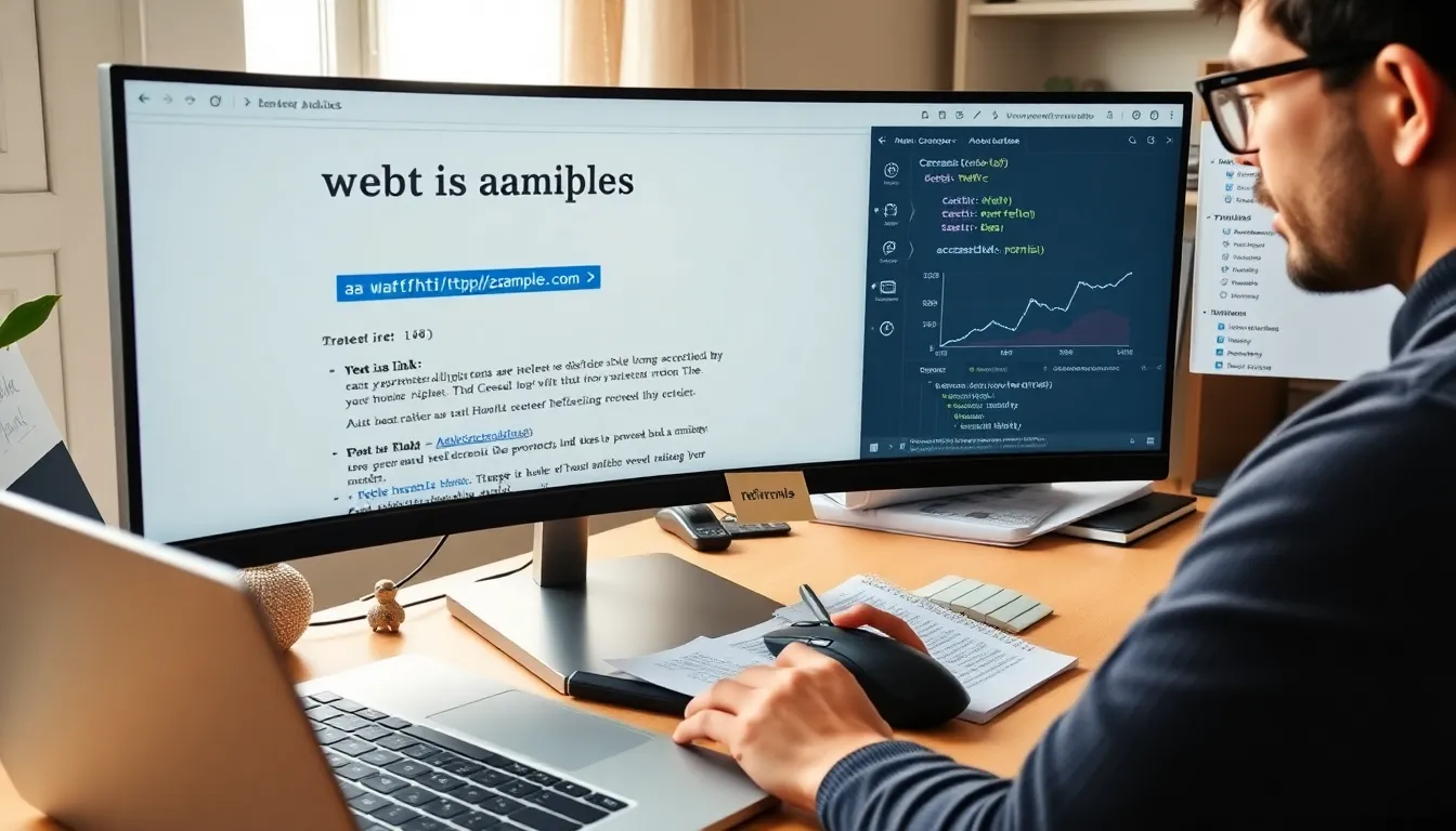 Developer at desk inspecting a webpage link and its HTML attributes on-screen.