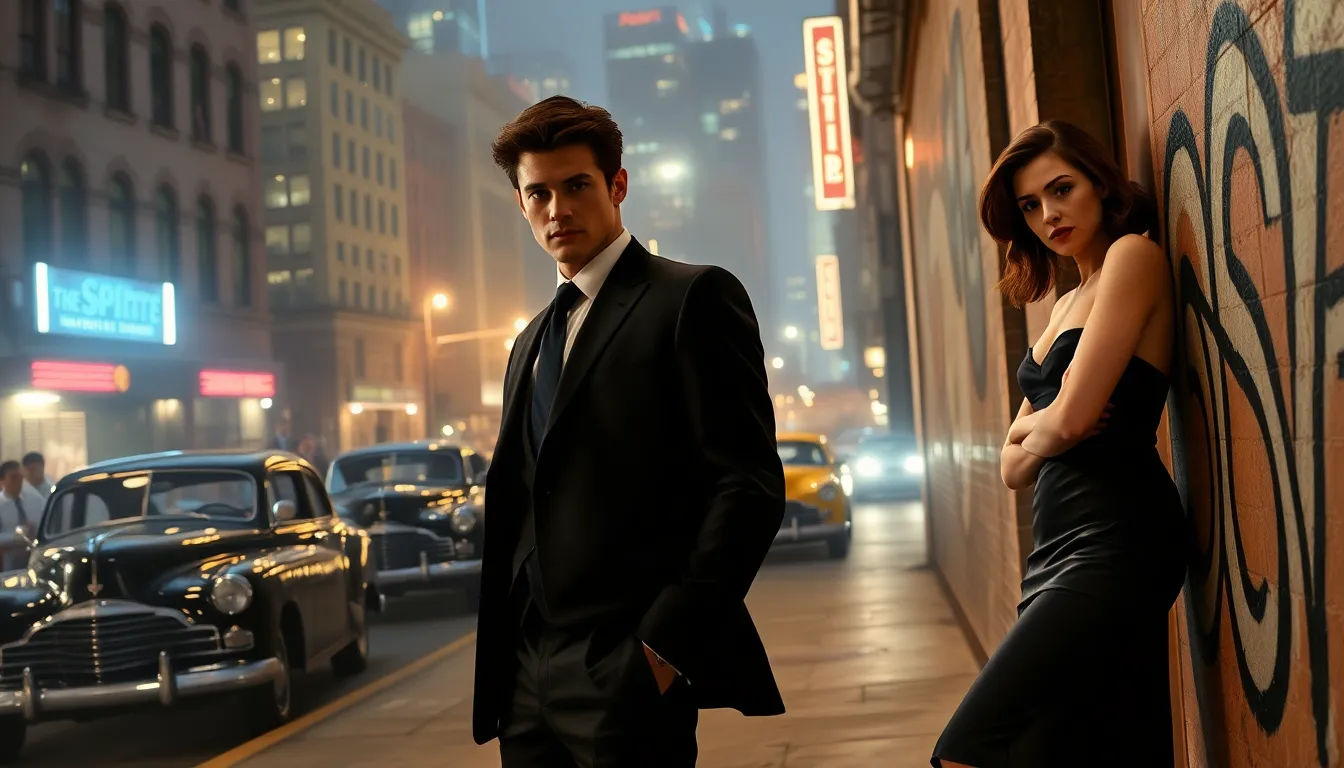 Two characters in a stylish urban setting inspired by 'The Spirit'.