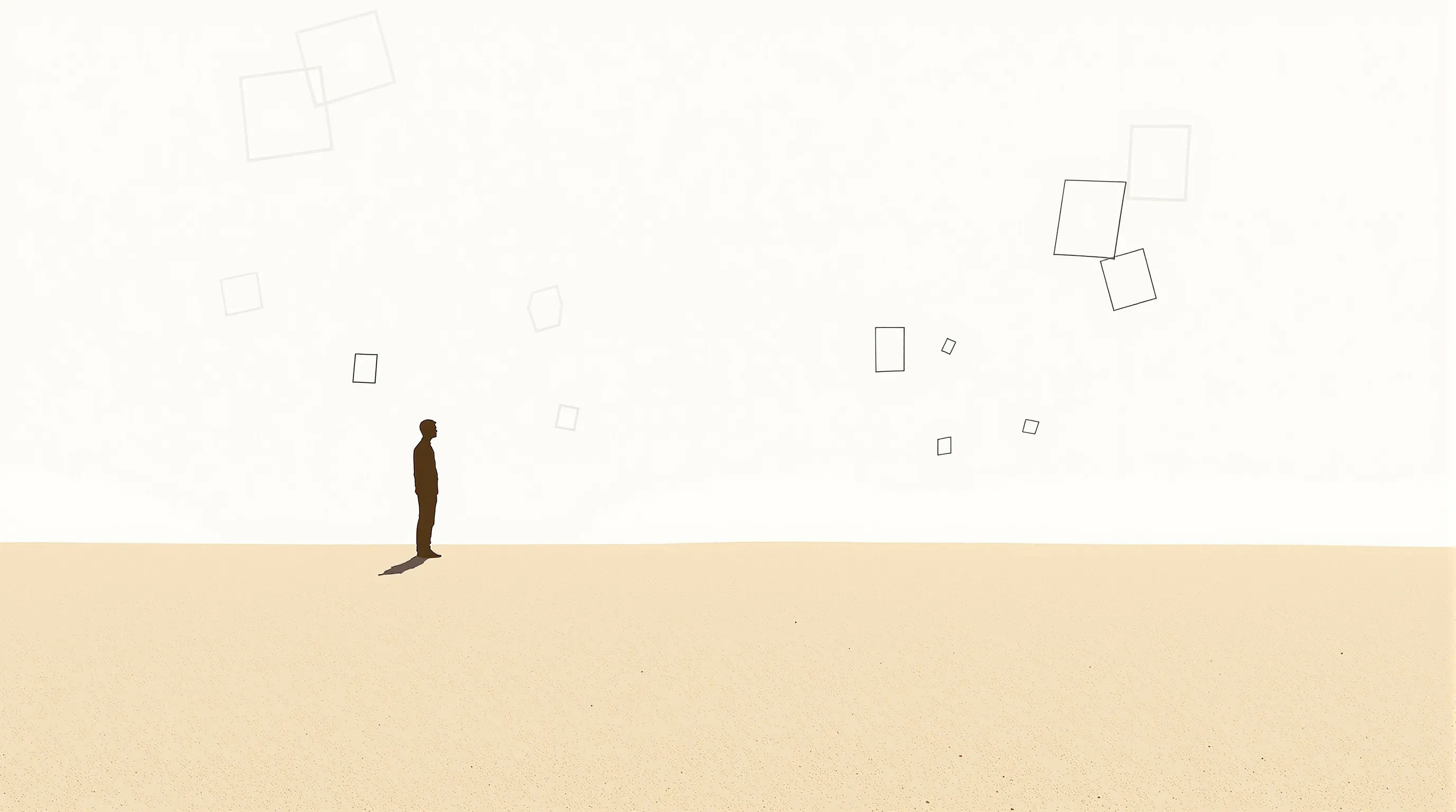 A lone silhouette standing in an open field with faint floating memory frames.