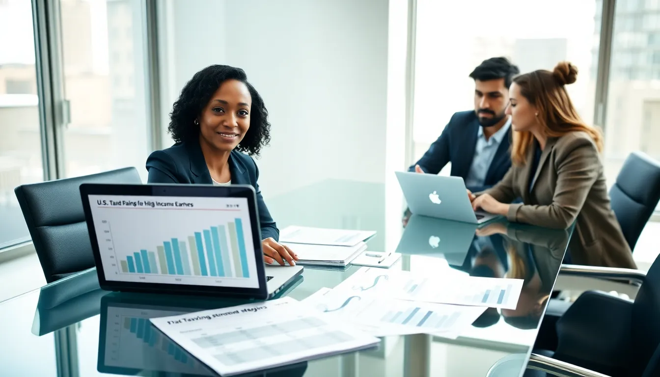 Diverse professionals discussing tax strategies in a modern office.