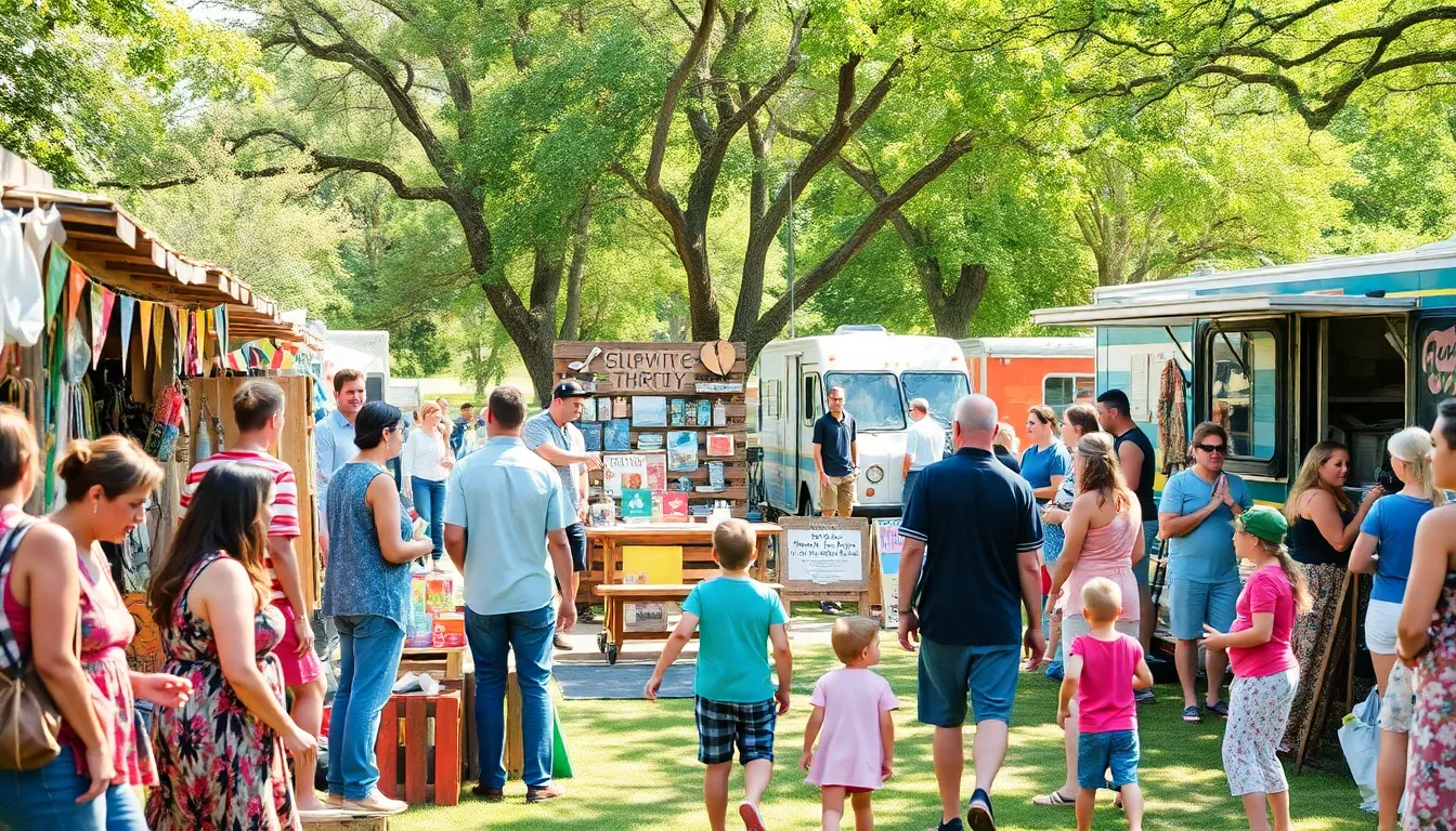 community gathering at a thrifty event with local vendors and live music.