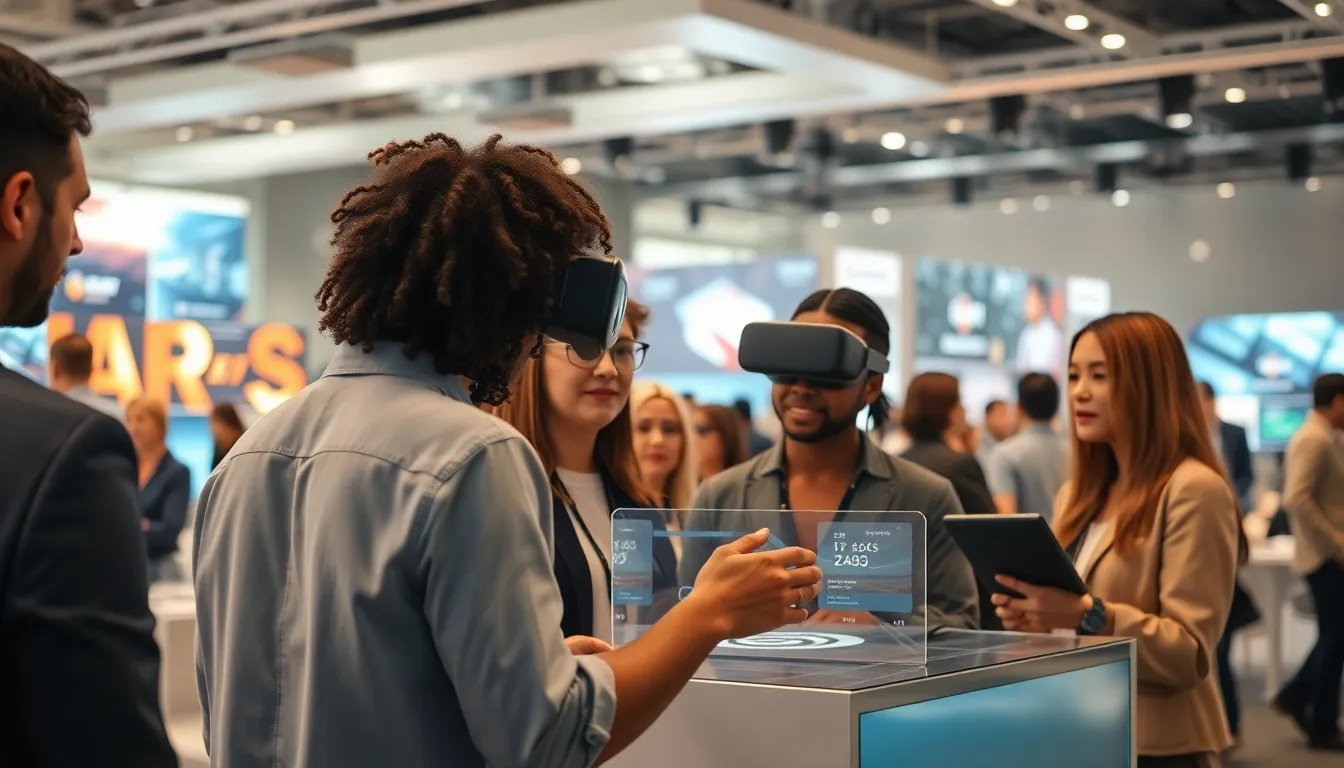 professionals using AR and VR technology in a modern event space.