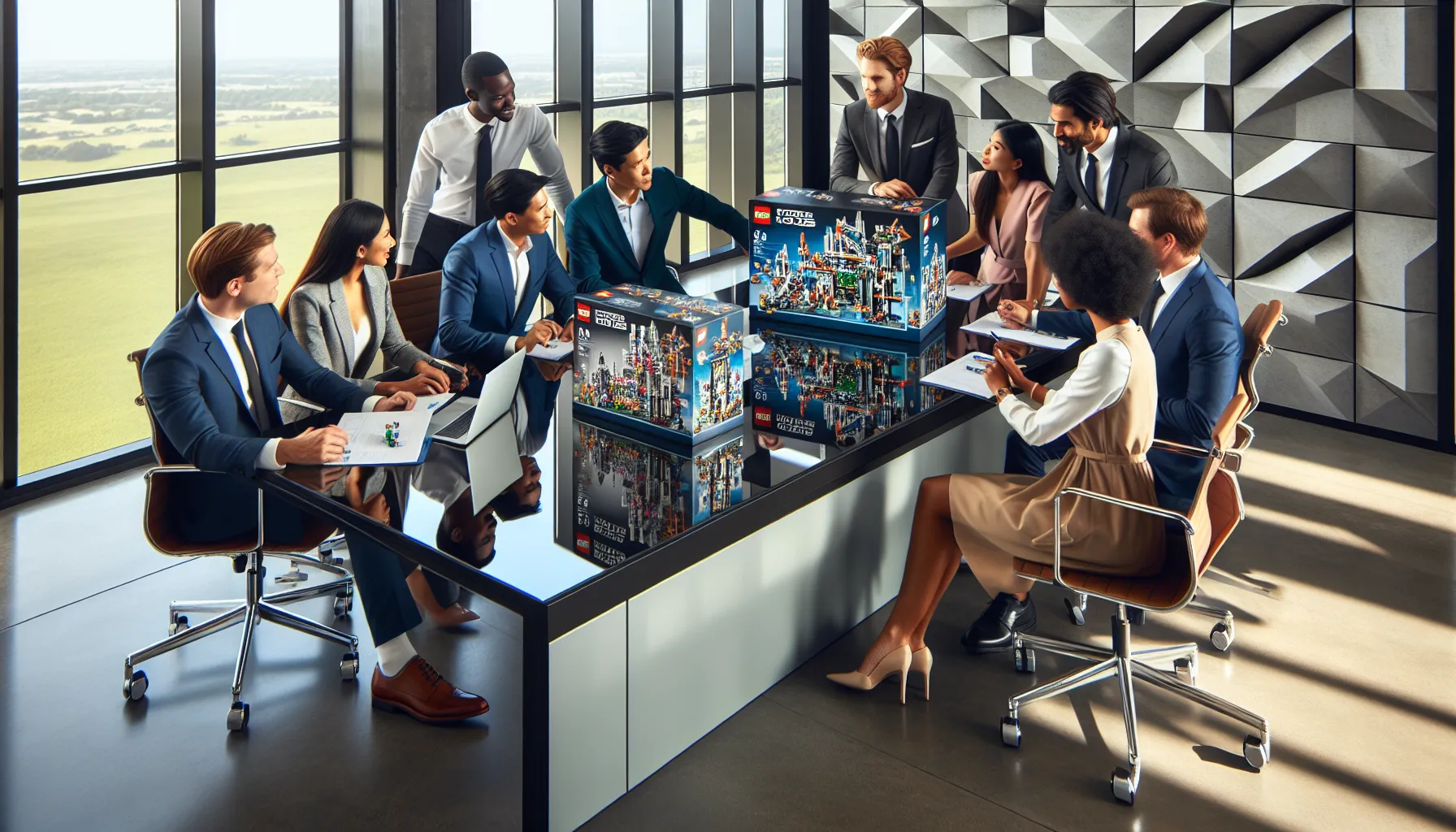 professionals discussing Lego pricing in a modern office.