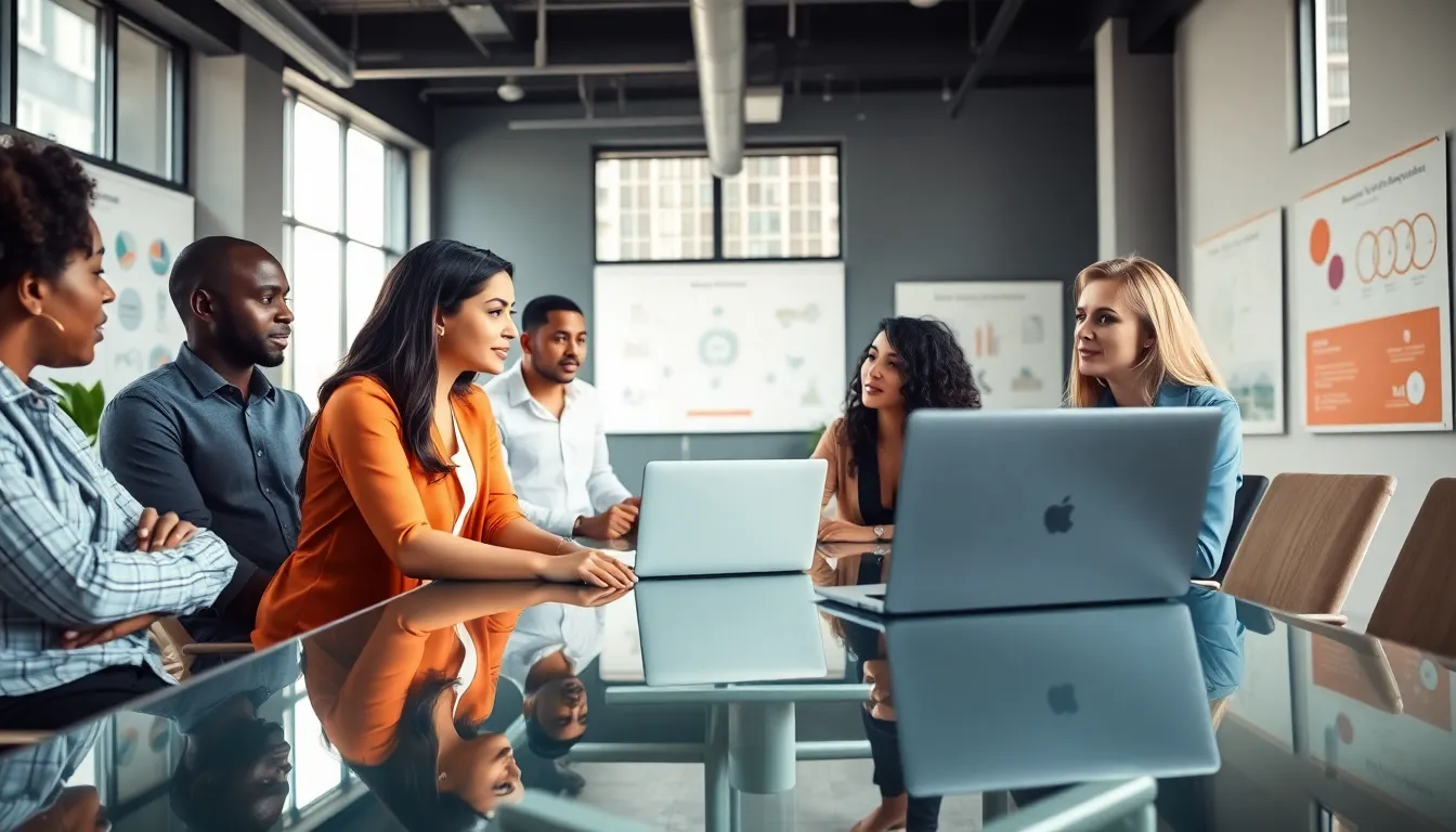 diverse team collaborating on low code no code automation in a modern office.