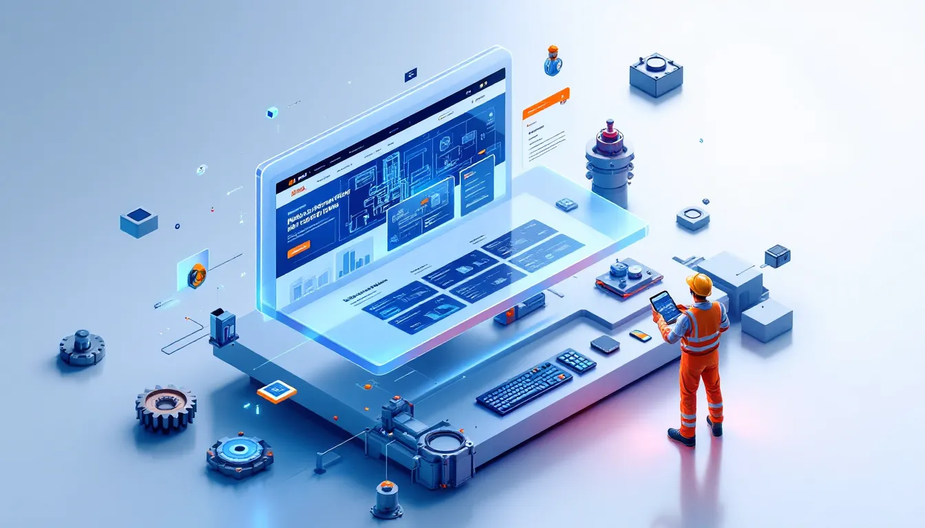 3D render of industrial web design interface with floating technical components