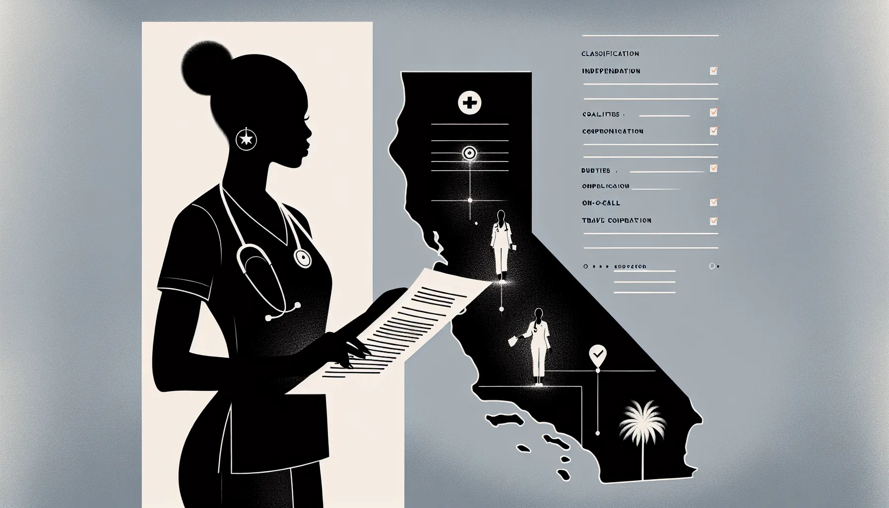 Veterinarian reviewing a contract with California map, checklist, clock, and icons of California Veterinary Contract Review