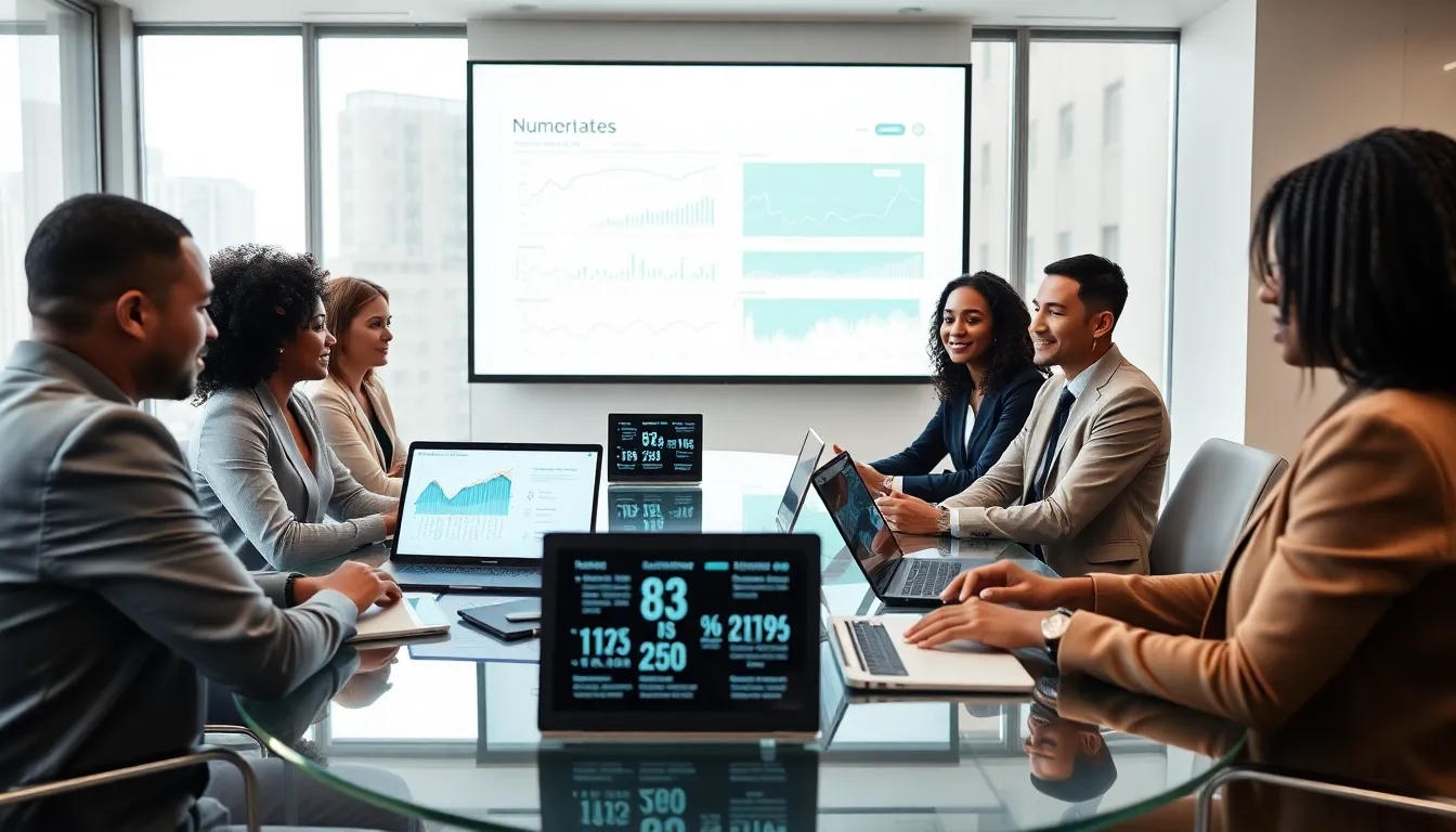 diverse professionals discussing numerical patterns in a modern office.