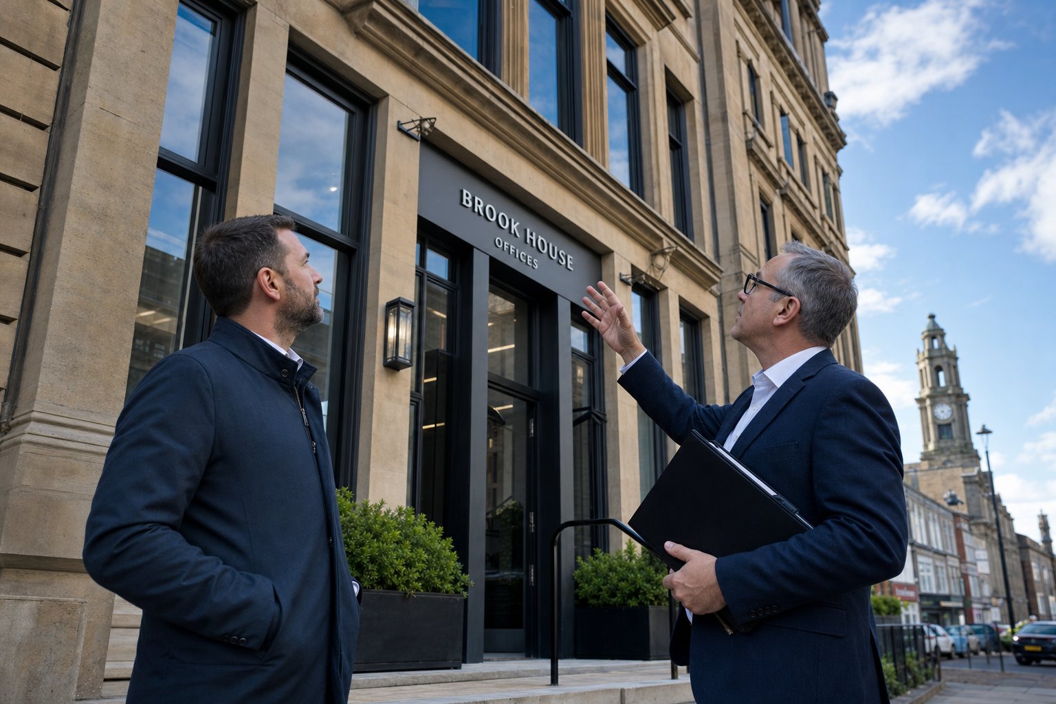 Small business owner and finance adviser outside a renovated office building discussing the property in daylight.