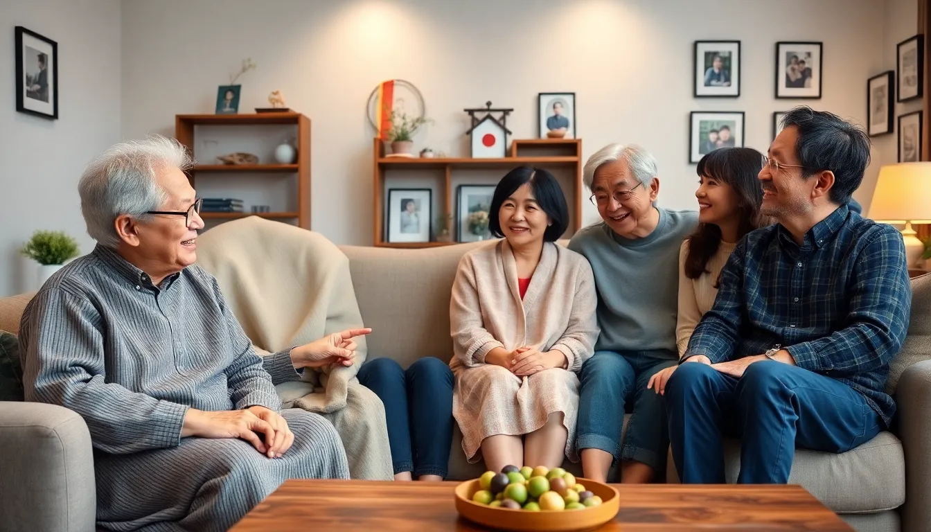 multi-generational Japanese family gathering in a cozy living room.