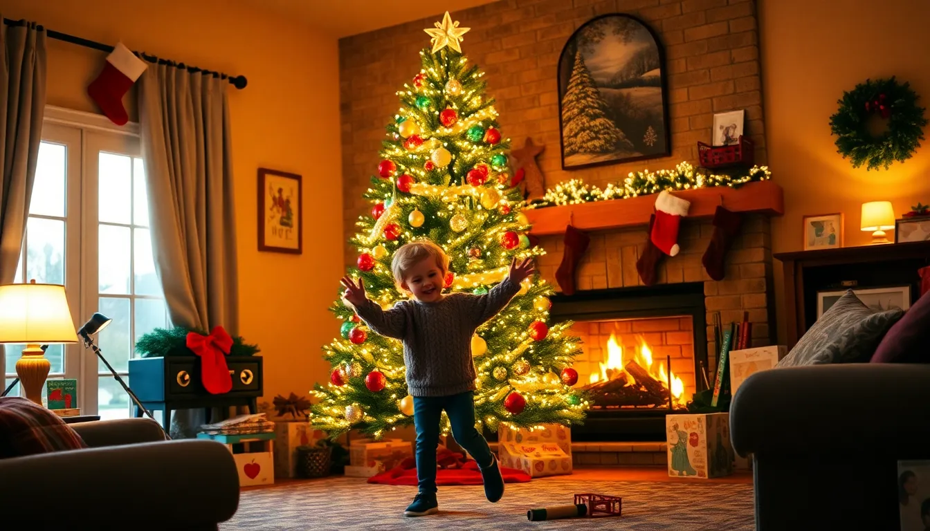 Child dancing around a festive Christmas tree in a cozy living room.